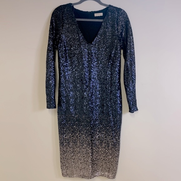 Monsoon Sequins Ombré Navy Blue V-Neck Long Sleeve Midi Cocktail Dress, Size M - Picture 5 of 17